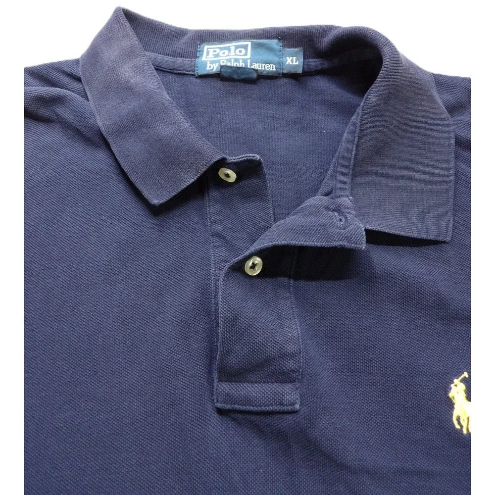 VTG Polo Ralph Lauren Polo Men XL Mesh Pique Yellow Pony Navy Golf Cotton 90s